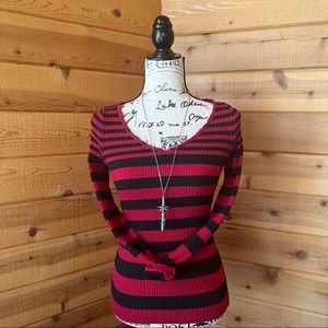 Raw Neck Striped Ribbed Sweater